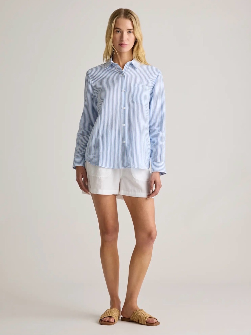 Quince 100% Organic Cotton Gauze Long Sleeve Shirt Bayside Stripe Blue/White S